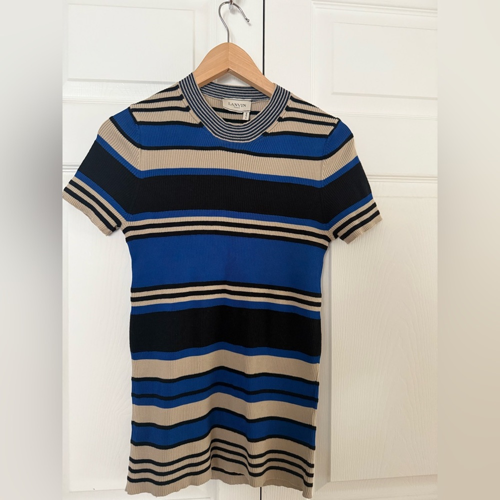 Lanvin Beige and Blue Striped Short Sleeve Tee